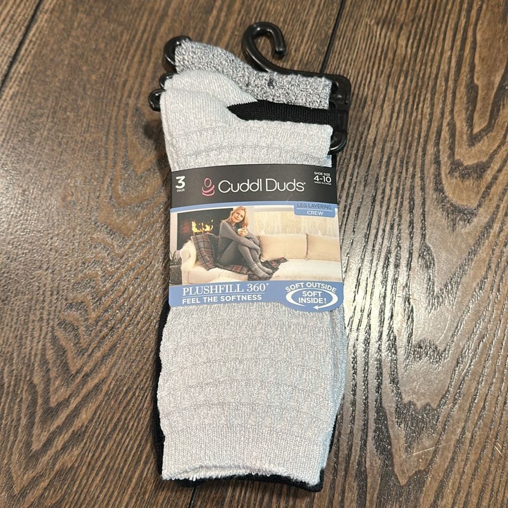 Cuddl Duds Plushfill Crew Socks NEW 3 Pack Black Gray Marled Warm Cozy SZ 4-10